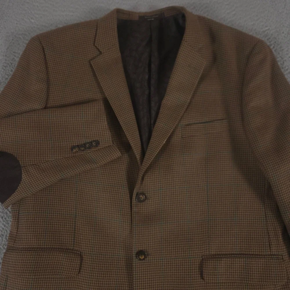 Tasso Elba Blazer Mens 48R Brown Houndstooth Wool Blend Elbow Patches Sport Coat